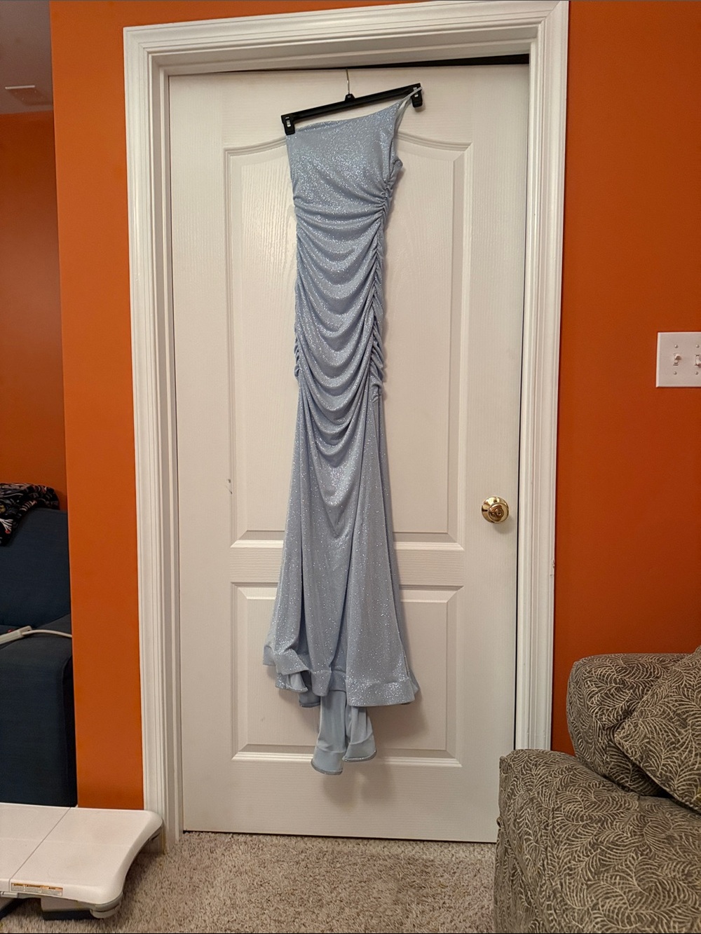 B Darlin Light Blue Ruched Sparkle Prom Dress